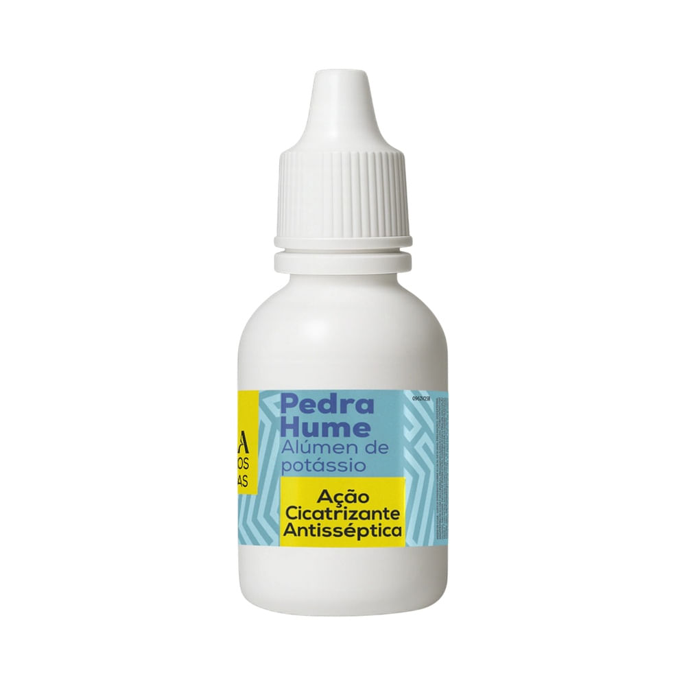 Frasco de Pedra Hume Cora Gotas 20ml com tampa branca e rótulo azul e amarelo